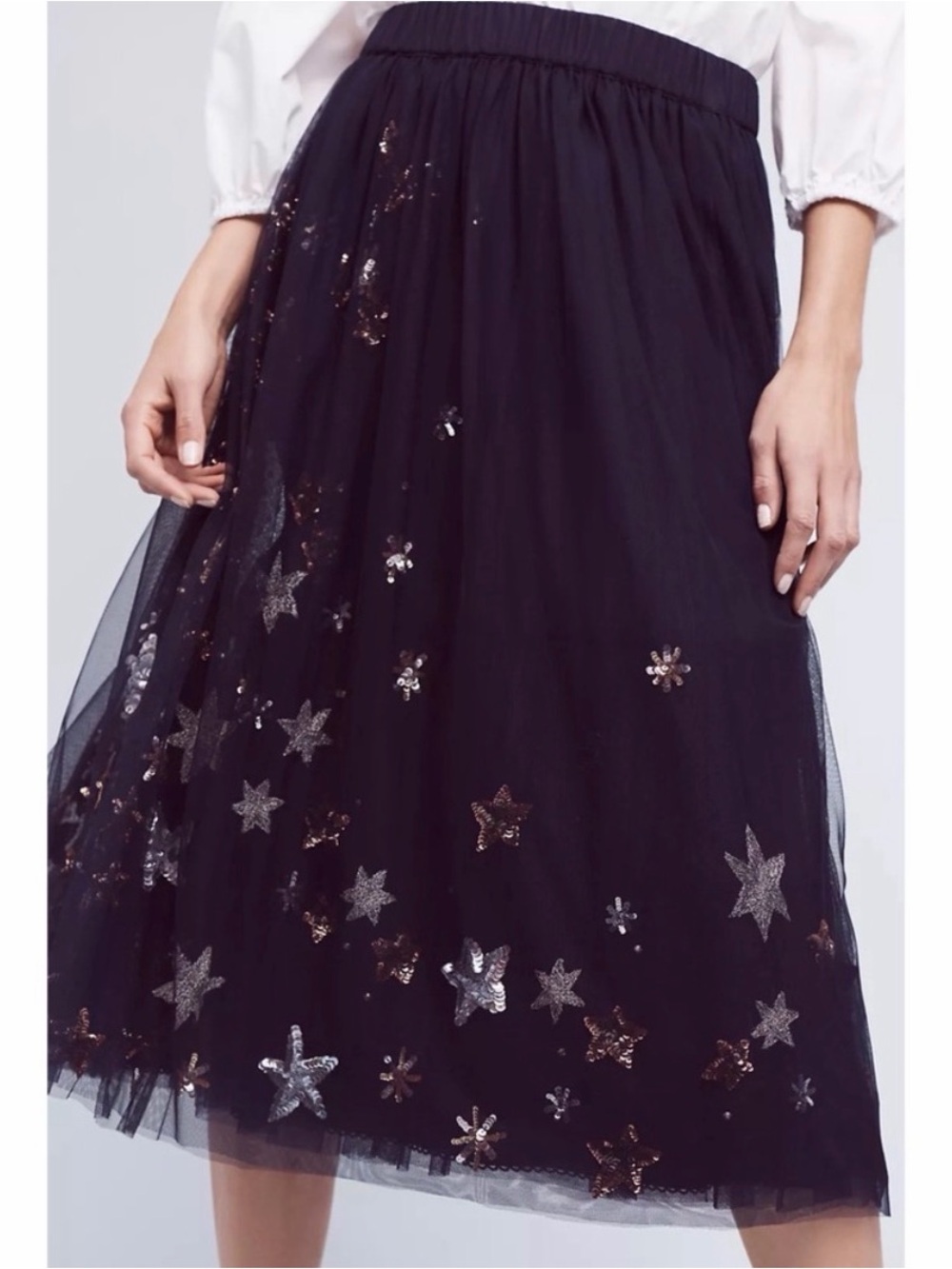 Anthropologie Lumiere Moulinette Soeurs Navy Star Sequin Tulle Midi Skirt
